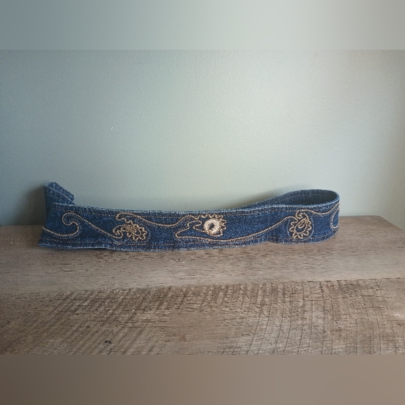 Womens Y2K Chunky Embroidered Denim Belt Boho Western Cowgirl Fairy Grunge - Picture 4 of 7